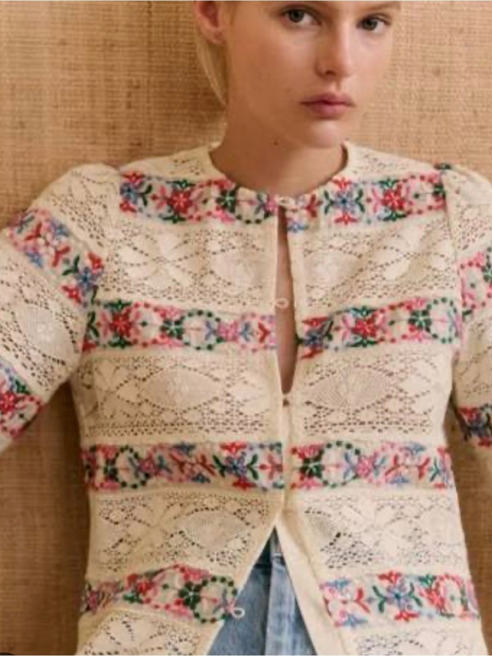 Sézane MATIKA Blouse Cream Crochet Cardigan with Multicolor Floral Embroidery